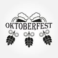 Octoberfest label or emblem with beer mugs and hops. Vector illustration